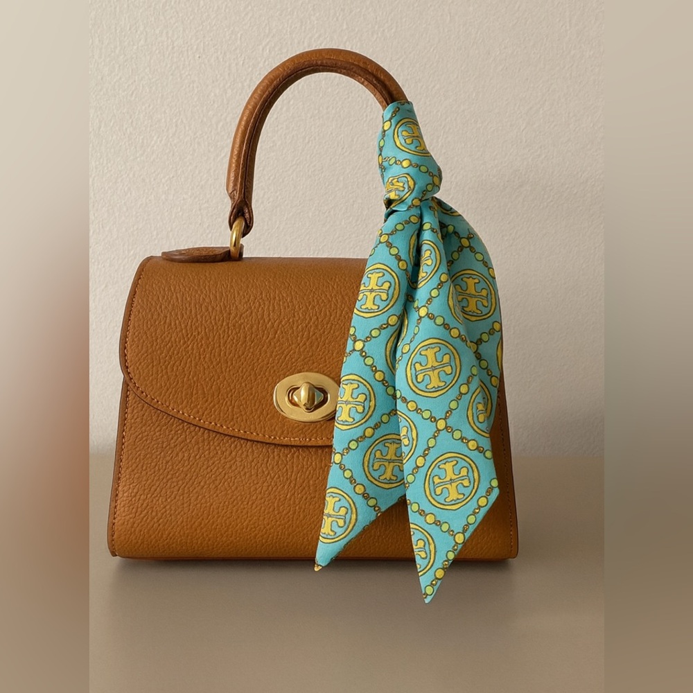 Tory Burch Aqua Medallion T Logo Silk Scarf Purse Twilly